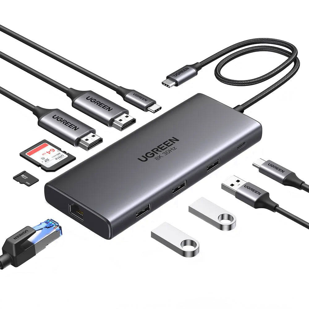 Hub USB-C UGREEN Revodok Pro 210 CM639, 1 x USB-A 3.0 - 2 x USB-A - 2 x USB-C - 2 x HDMI - 1 x RJ45 - 1 x SD - 1 x microSD, Sivi