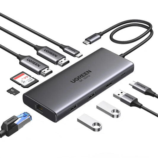 Hub USB-C UGREEN Revodok Pro 210 CM639, 1 x USB-A 3.0 - 2 x USB-A - 2 x USB-C - 2 x HDMI - 1 x RJ45 - 1 x SD - 1 x microSD, Sivi