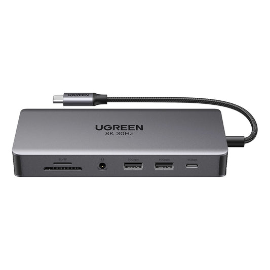 Hub USB-C UGREEN Revodok Pro 313 CM681, 2 x USB-A 3.2 - 1 x USB-A 3.0 - 2 x USB-C - 2 x HDMI - 1 x Jack 3.5mm - 1 x RJ45 - 1 x SD - 1 x microSD, Sivi