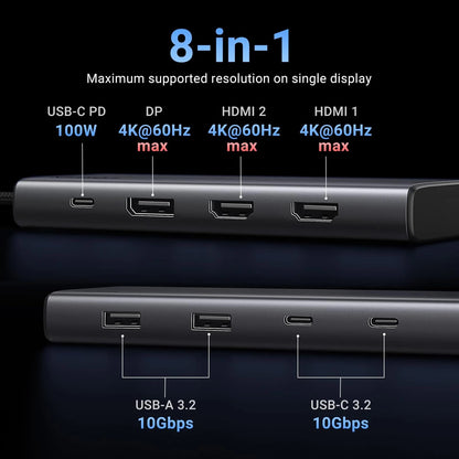 Hub USB-C UGREEN Revodok 308 CM639, 2 x USB-A 3.2 - 3 x USB-C - 1 x Display Port - 2 x HDMI, Sivi