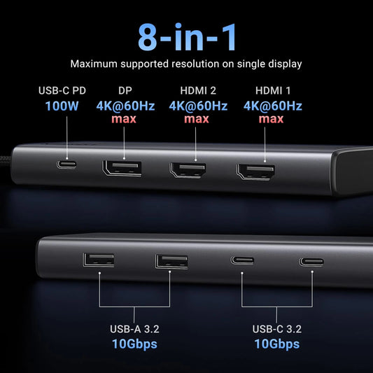 Hub USB-C UGREEN Revodok 308 CM639, 2 x USB-A 3.2 - 3 x USB-C - 1 x Display Port - 2 x HDMI, Sivi