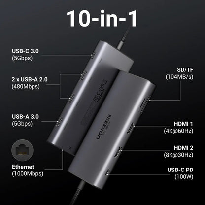 Hub USB-C UGREEN Revodok Pro 210 CM639, 1 x USB-A 3.0 - 2 x USB-A - 2 x USB-C - 2 x HDMI - 1 x RJ45 - 1 x SD - 1 x microSD, Sivi