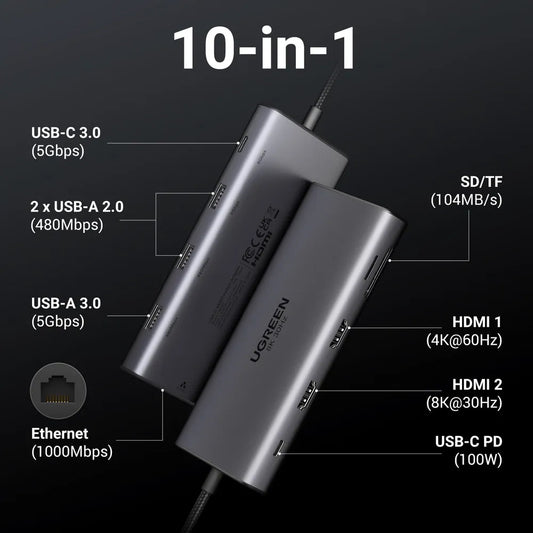 Hub USB-C UGREEN Revodok Pro 210 CM639, 1 x USB-A 3.0 - 2 x USB-A - 2 x USB-C - 2 x HDMI - 1 x RJ45 - 1 x SD - 1 x microSD, Sivi