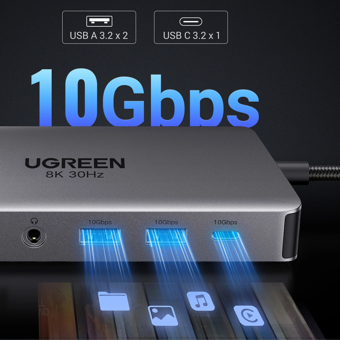 Hub USB-C UGREEN Revodok Pro 313 CM681, 2 x USB-A 3.2 - 1 x USB-A 3.0 - 2 x USB-C - 2 x HDMI - 1 x Jack 3.5mm - 1 x RJ45 - 1 x SD - 1 x microSD, Sivi
