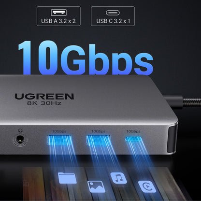 Hub USB-C UGREEN Revodok Pro 313 CM681, 2 x USB-A 3.2 - 1 x USB-A 3.0 - 2 x USB-C - 2 x HDMI - 1 x Jack 3.5mm - 1 x RJ45 - 1 x SD - 1 x microSD, Sivi