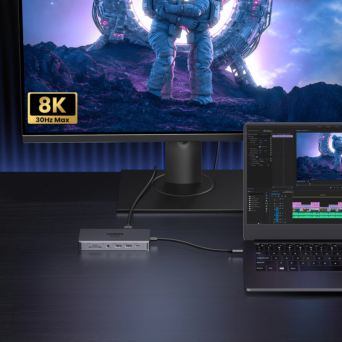 Hub USB-C UGREEN Revodok Pro 313 CM681, 2 x USB-A 3.2 - 1 x USB-A 3.0 - 2 x USB-C - 2 x HDMI - 1 x Jack 3.5mm - 1 x RJ45 - 1 x SD - 1 x microSD, Sivi