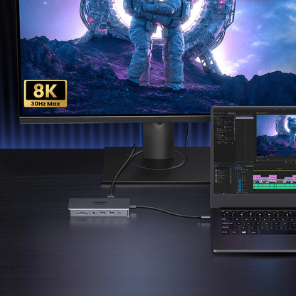 Hub USB-C UGREEN Revodok Pro 313 CM681, 2 x USB-A 3.2 - 1 x USB-A 3.0 - 2 x USB-C - 2 x HDMI - 1 x Jack 3.5mm - 1 x RJ45 - 1 x SD - 1 x microSD, Sivi