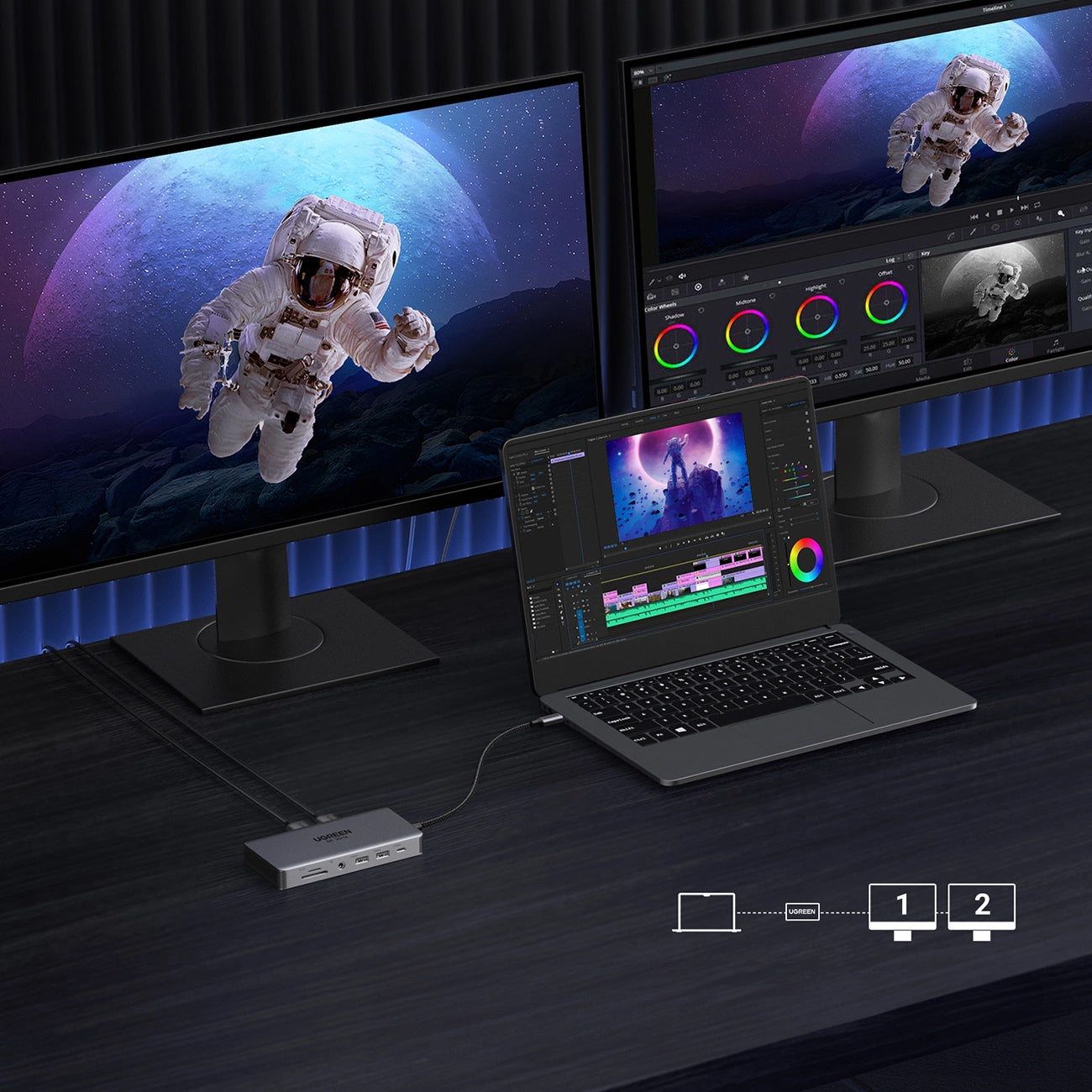 Hub USB-C UGREEN Revodok Pro 313 CM681, 2 x USB-A 3.2 - 1 x USB-A 3.0 - 2 x USB-C - 2 x HDMI - 1 x Jack 3.5mm - 1 x RJ45 - 1 x SD - 1 x microSD, Sivi