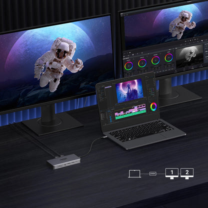 Hub USB-C UGREEN Revodok Pro 313 CM681, 2 x USB-A 3.2 - 1 x USB-A 3.0 - 2 x USB-C - 2 x HDMI - 1 x Jack 3.5mm - 1 x RJ45 - 1 x SD - 1 x microSD, Sivi