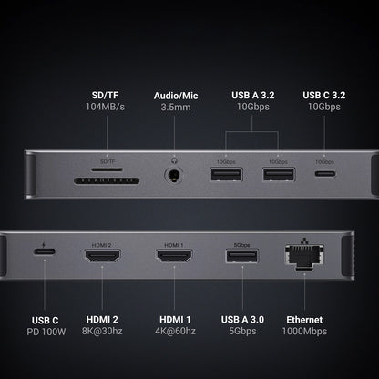 Hub USB-C UGREEN Revodok Pro 313 CM681, 2 x USB-A 3.2 - 1 x USB-A 3.0 - 2 x USB-C - 2 x HDMI - 1 x Jack 3.5mm - 1 x RJ45 - 1 x SD - 1 x microSD, Sivi