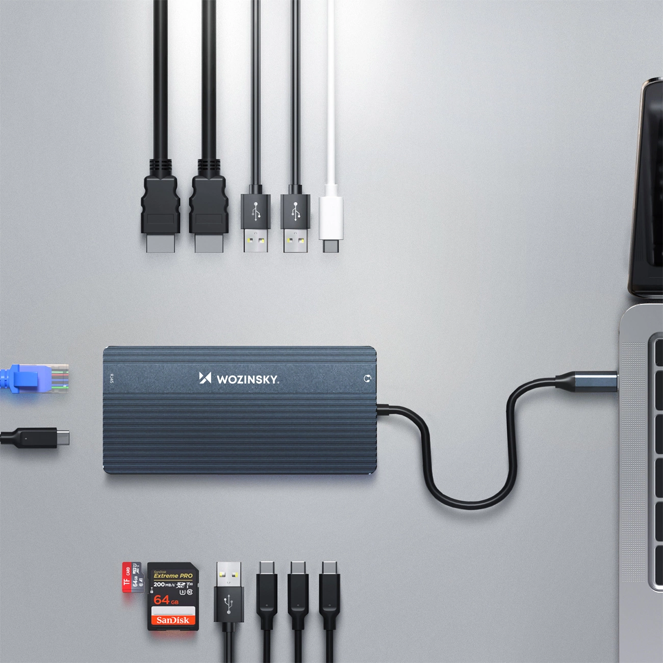 Hub USB-C WZK WDS03Y5S, 1 x USB-A 3.1 - 2 x USB-A - 5 x USB-C - 2 x HDMI - 1 x Džek 3.5mm - 1 x RJ45 - 1 x SD - 1 x microSD, Sivi