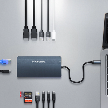 Hub USB-C WZK WDS03Y5S, 1 x USB-A 3.1 - 2 x USB-A - 5 x USB-C - 2 x HDMI - 1 x Džek 3.5mm - 1 x RJ45 - 1 x SD - 1 x microSD, Sivi