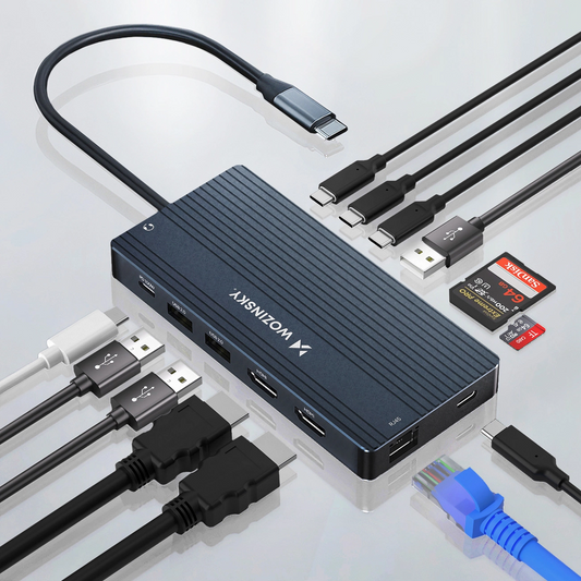 Hub USB-C WZK WDS03Y5S, 1 x USB-A 3.1 - 2 x USB-A - 5 x USB-C - 2 x HDMI - 1 x Džek 3.5mm - 1 x RJ45 - 1 x SD - 1 x microSD, Sivi