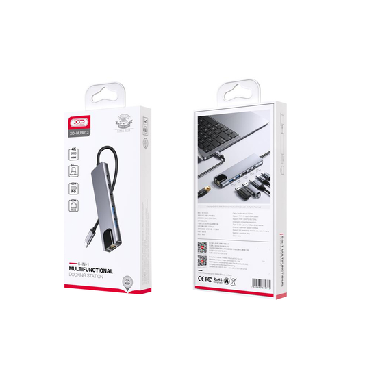 Hub USB-C XO Design HUB013, 1 x USB-A - 1 x USB-A 3.0 - 2 x USB-C - 1 x HDMI - 1 x RJ45, Sivi