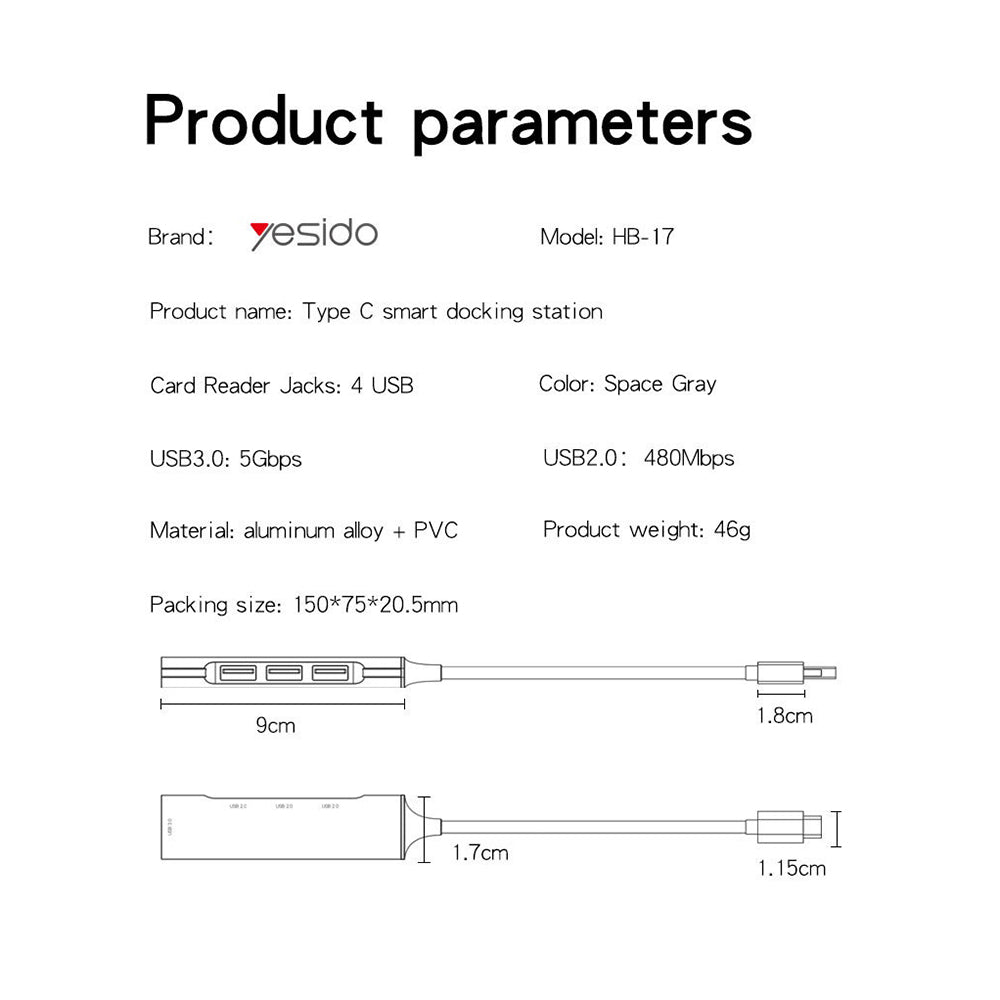 Hub USB-C Yesido HB17, 4in1, Sivi