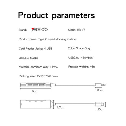 Hub USB-C Yesido HB17, 4in1, Sivi