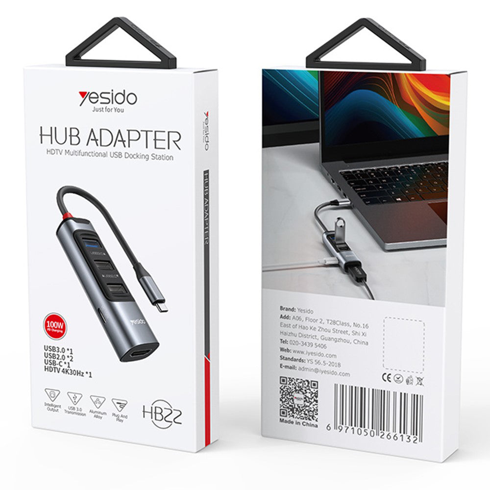 Hub USB-C Yesido HB22, 5in1, Sivi