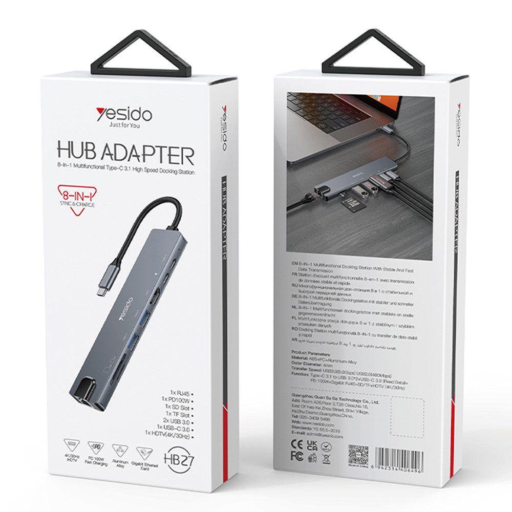 Hub USB-C Yesido HB27, 8u1, Sivi