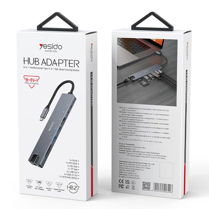 Hub USB-C Yesido HB27, 8u1, Sivi