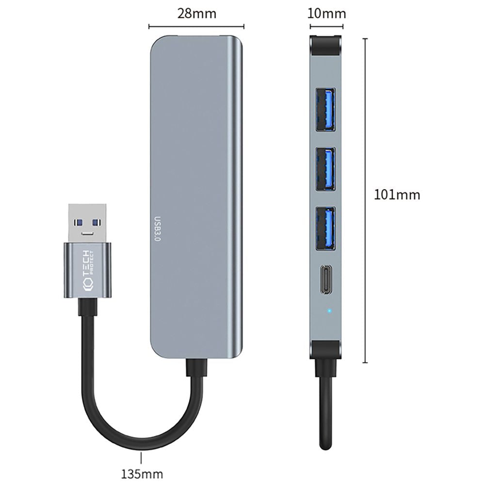 USB Hub Tech-Protect V0, 3 x USB-A 3.0 - 1 x USB-A - 1 x USB-C, Sivi