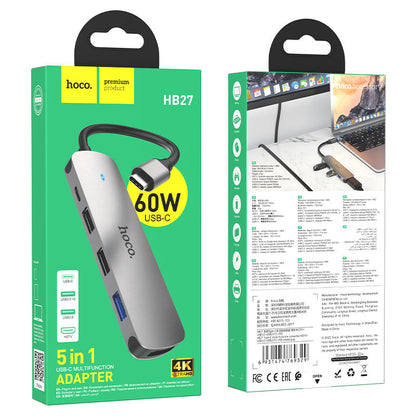 Hub USB-C HOCO HB27, USB-A 3.0 - 2 x USB-A - USB-C - HDMI, Siva
