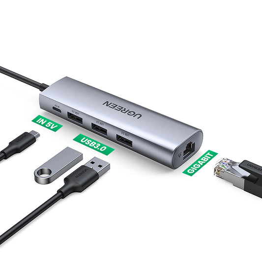 USB Hub UGREEN CM266, 3 x USB-A 3.0 - 1 x RJ45, Sivi