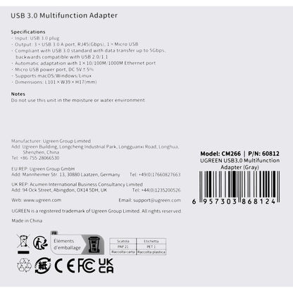 USB Hub UGREEN CM266, 3 x USB-A 3.0 - 1 x RJ45, Sivi