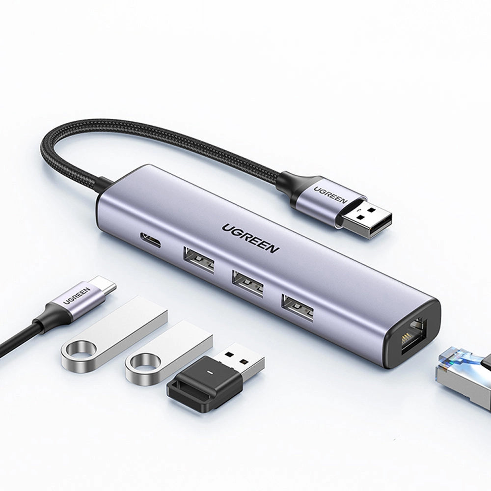 Hub USB UGREEN CM475, 3 x USB-A 3.0 - 1 x USB-C - 1 x RJ45, Sivi