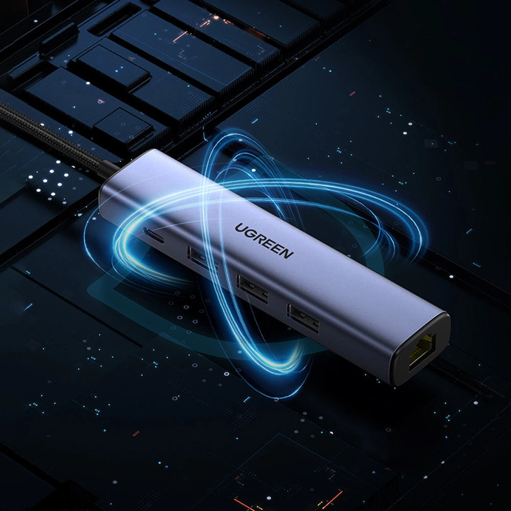 Hub USB UGREEN CM475, 3 x USB-A 3.0 - 1 x USB-C - 1 x RJ45, Sivi