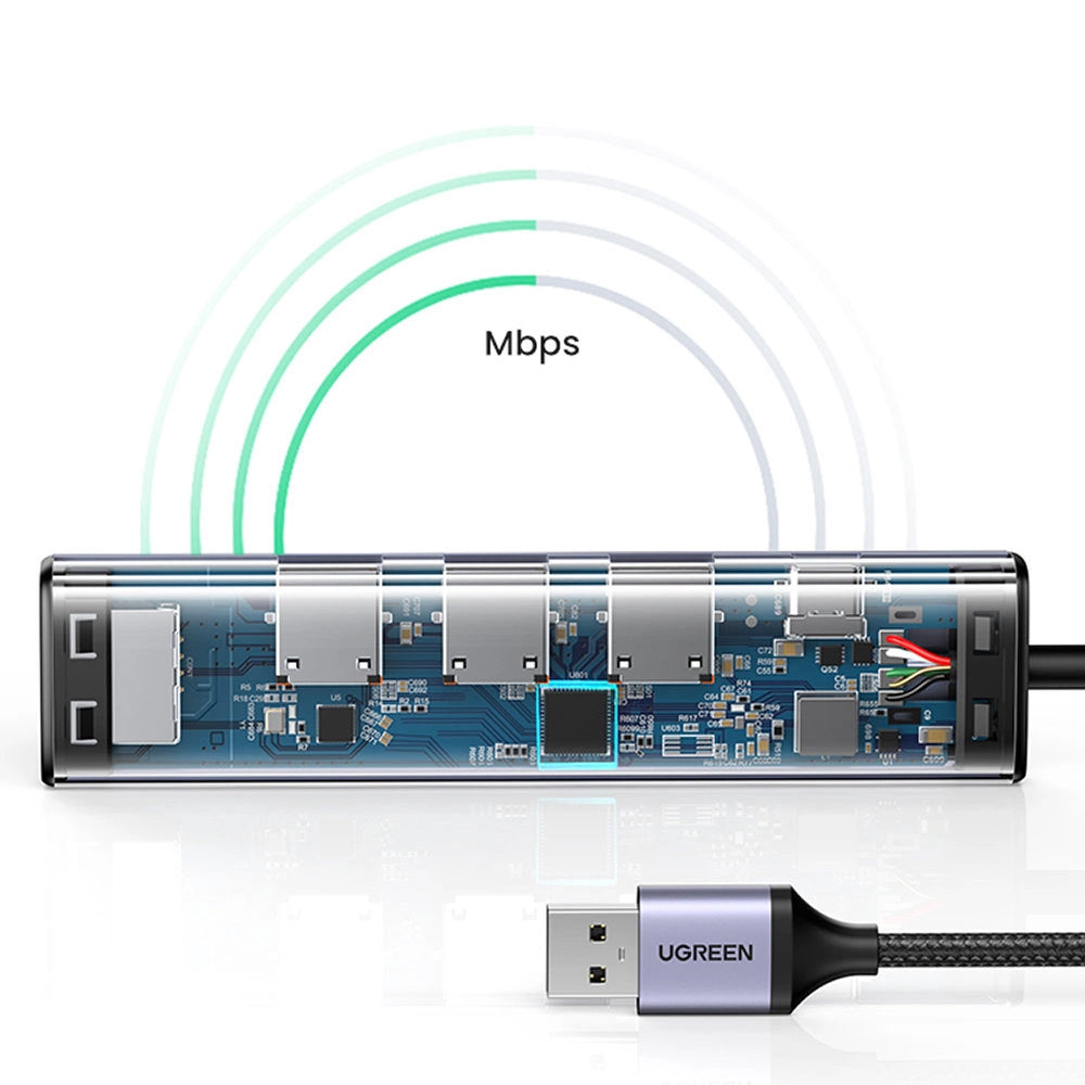 Hub USB UGREEN CM475, 3 x USB-A 3.0 - 1 x USB-C - 1 x RJ45, Sivi