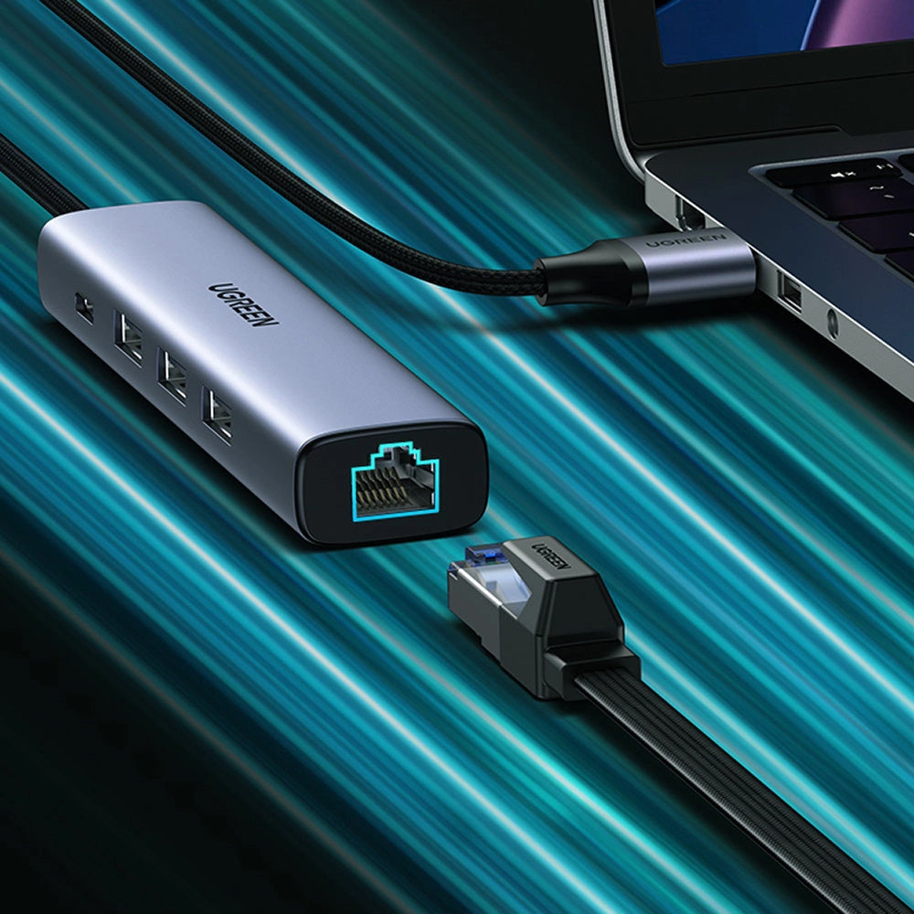 Hub USB UGREEN CM475, 3 x USB-A 3.0 - 1 x USB-C - 1 x RJ45, Sivi