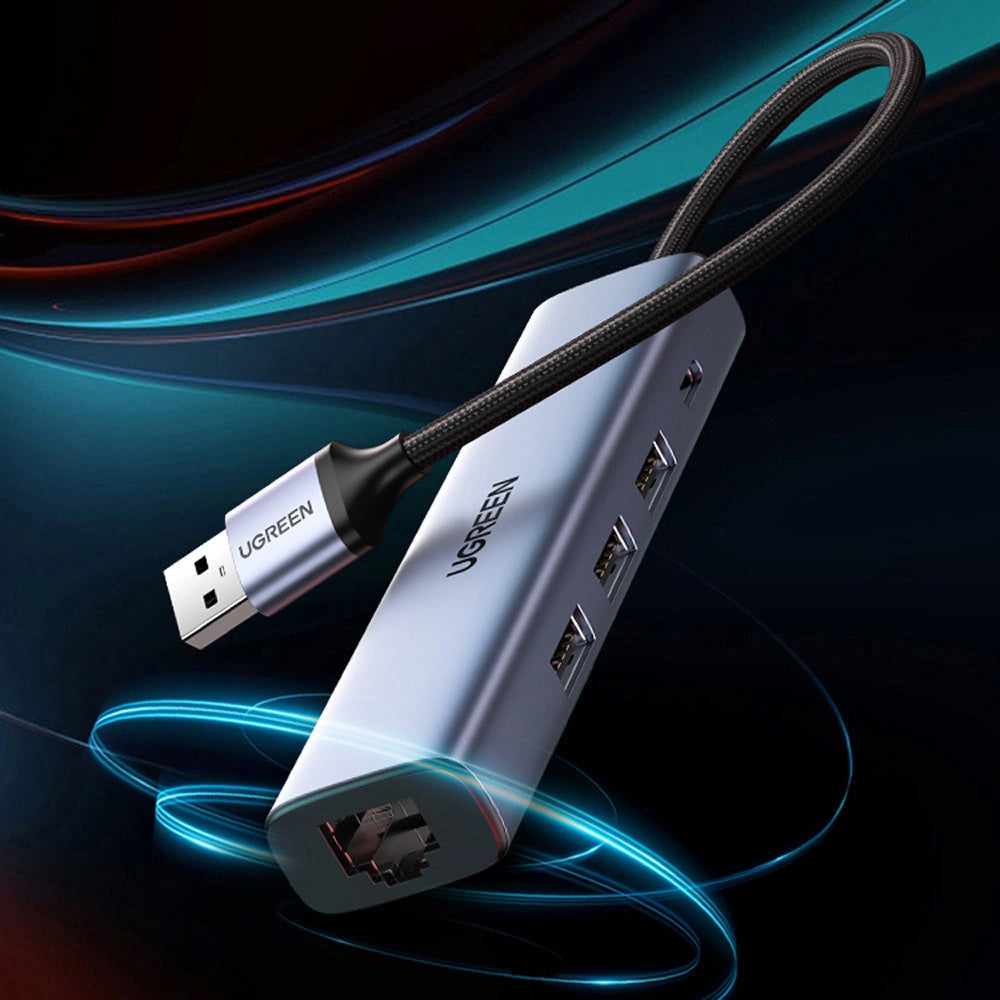 Hub USB UGREEN CM475, 3 x USB-A 3.0 - 1 x USB-C - 1 x RJ45, Sivi