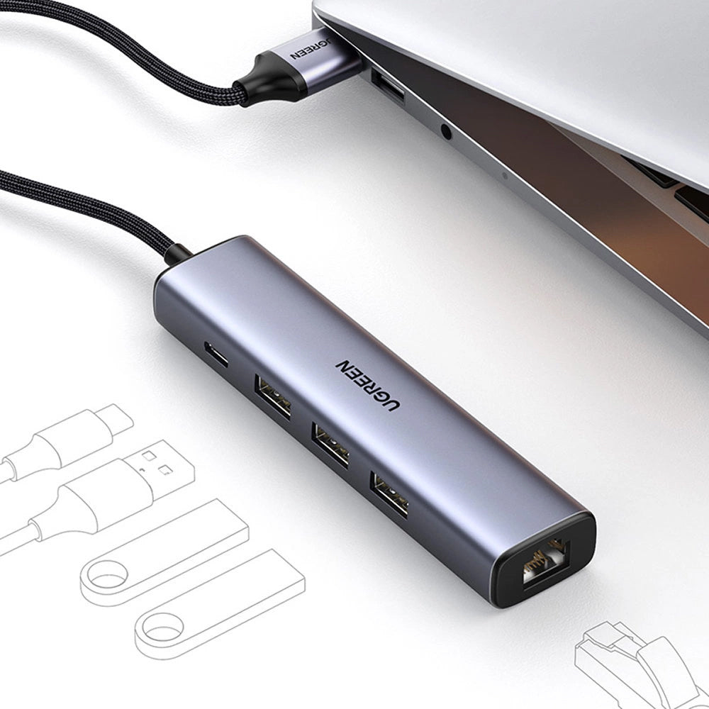 Hub USB UGREEN CM475, 3 x USB-A 3.0 - 1 x USB-C - 1 x RJ45, Sivi