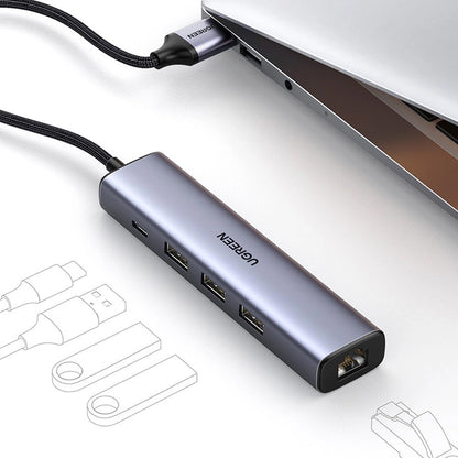Hub USB UGREEN CM475, 3 x USB-A 3.0 - 1 x USB-C - 1 x RJ45, Sivi