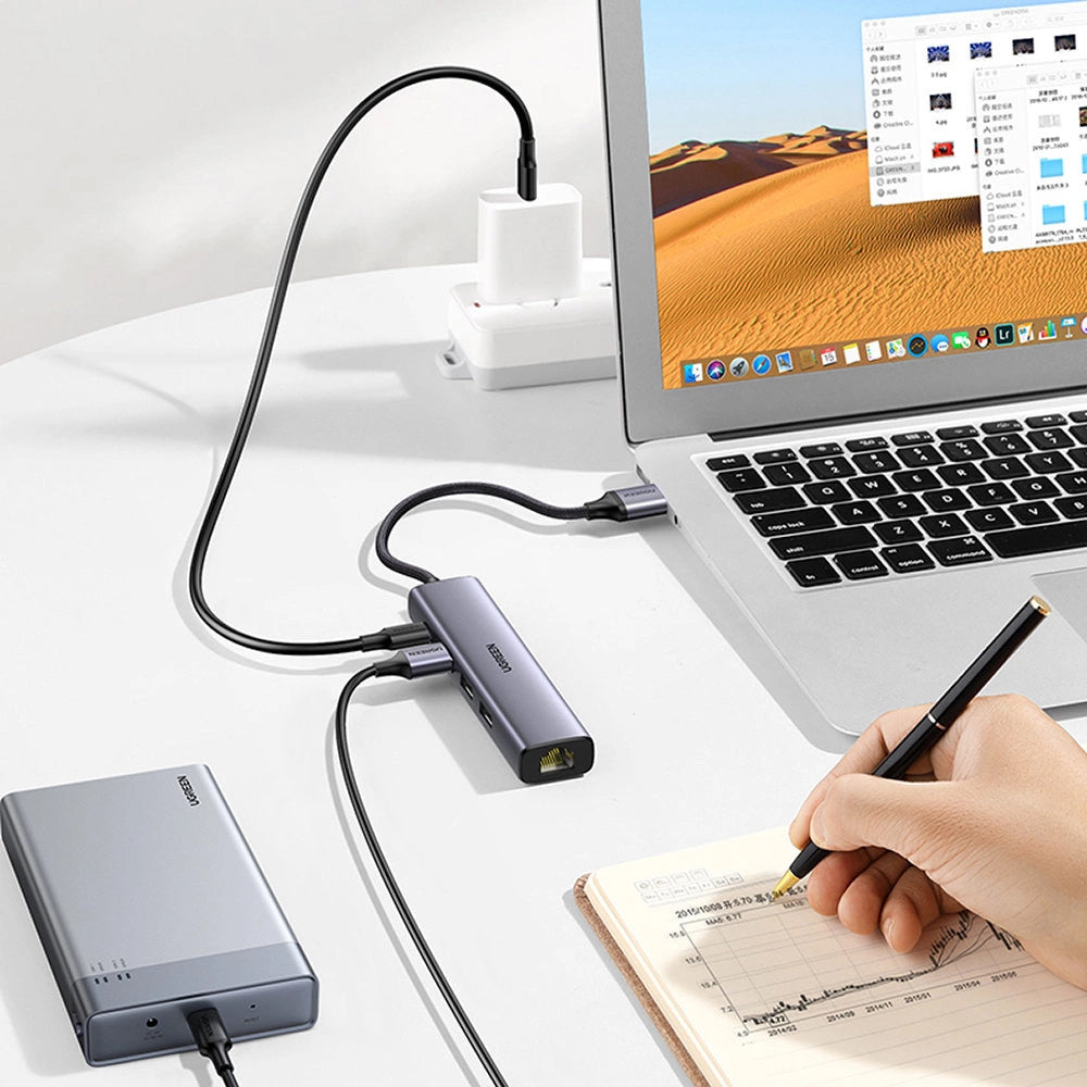 Hub USB UGREEN CM475, 3 x USB-A 3.0 - 1 x USB-C - 1 x RJ45, Sivi