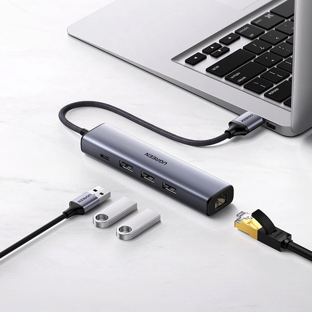 Hub USB UGREEN CM475, 3 x USB-A 3.0 - 1 x USB-C - 1 x RJ45, Sivi