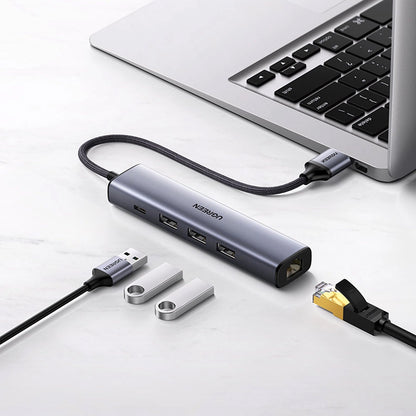 Hub USB UGREEN CM475, 3 x USB-A 3.0 - 1 x USB-C - 1 x RJ45, Sivi