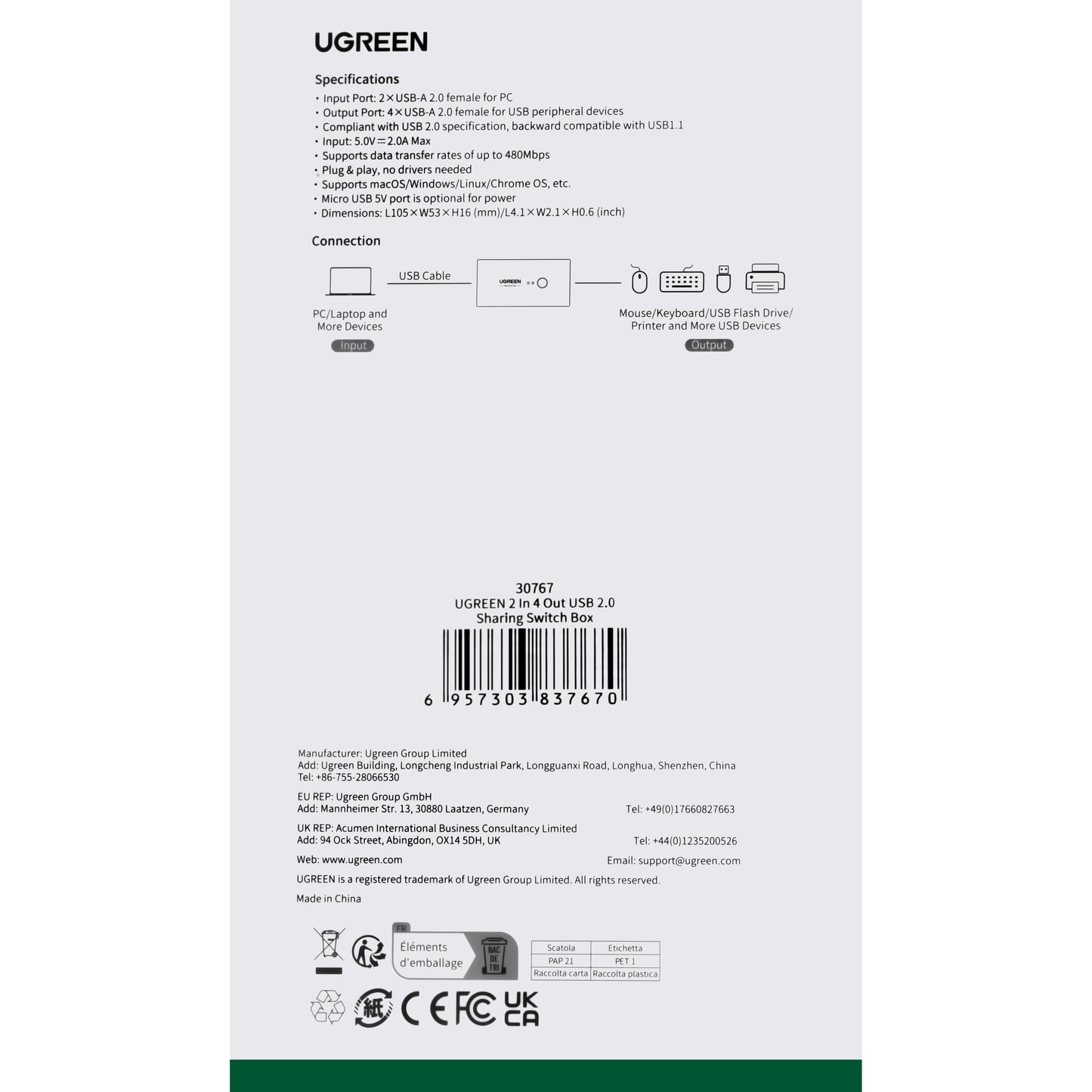 USB Hub UGREEN US216 Two Sharing Switch Box, 4 x USB-A, Crni