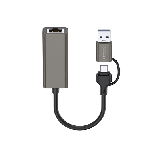Mrežna kartica XO Design HUB018, RJ45, USB-C / USB, Siva