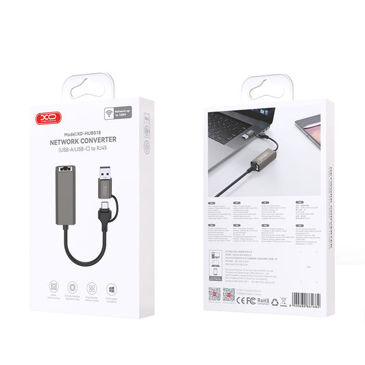 Mrežna kartica XO Design HUB018, RJ45, USB-C / USB, Siva