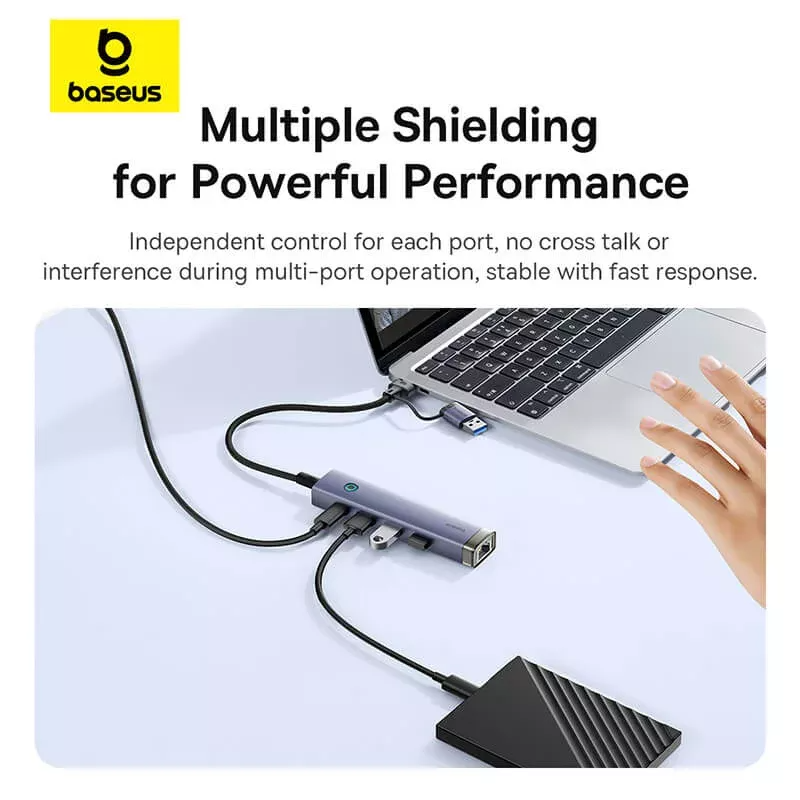 Hub USB / USB-C Baseus UltraJoy, 3 x USB-A 3.0 - 1 x USB-C - 1 x RJ45, Sivi B0005280B811-14