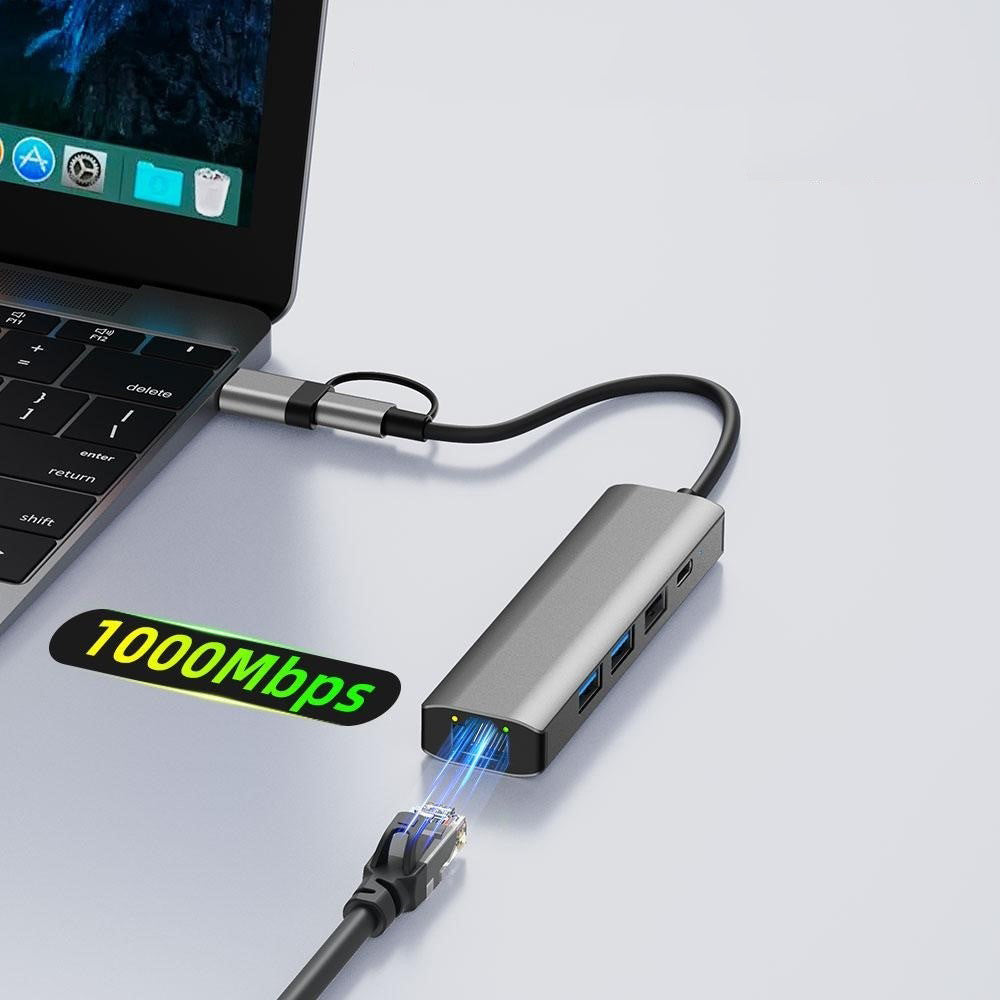 Hub USB / USB-C Techsuit H3 BoostNetLink, 5in1, Sivi