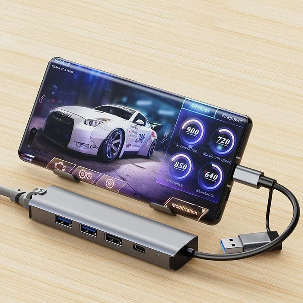 Hub USB / USB-C Techsuit H3 BoostNetLink, 5in1, Sivi