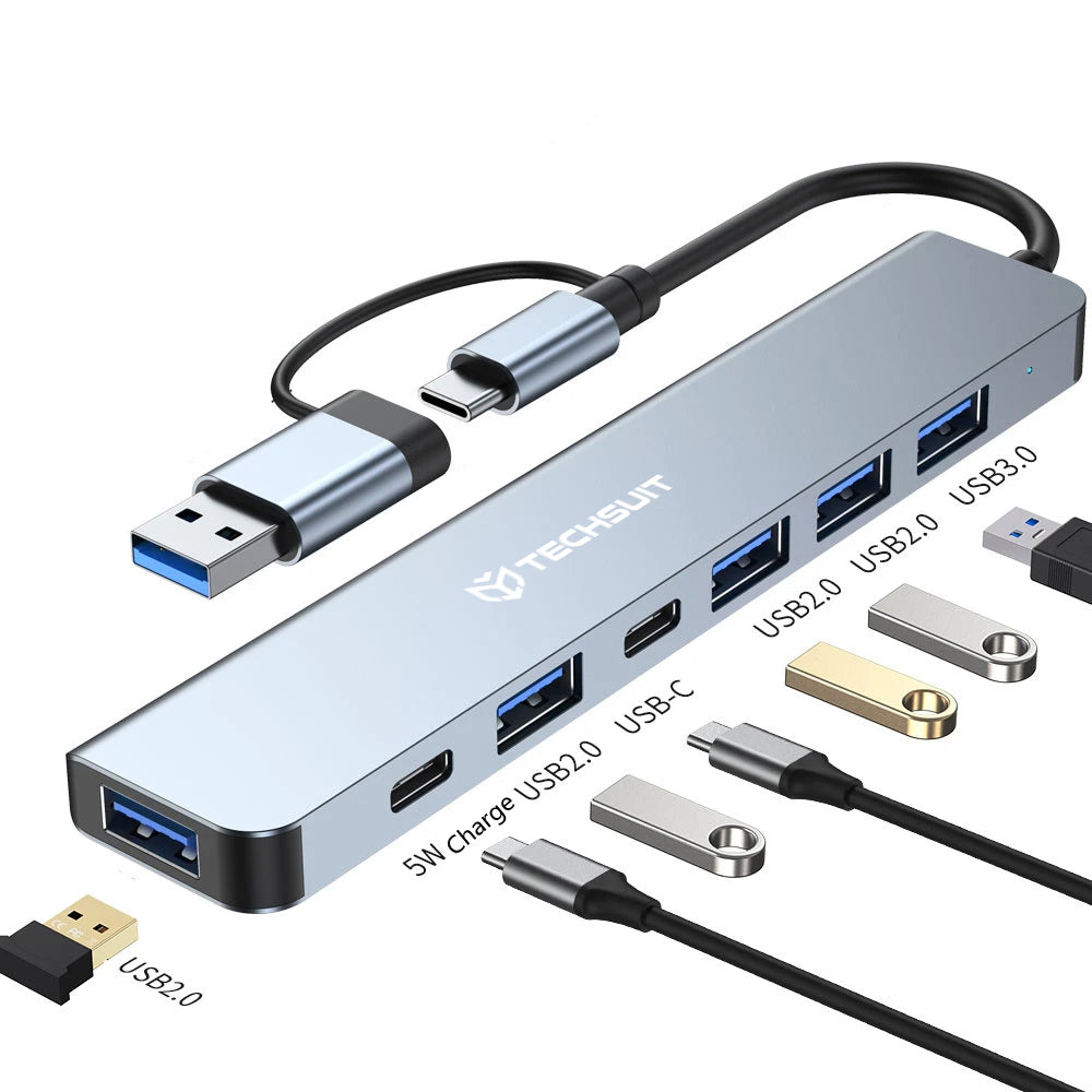 Hub USB / USB-C Techsuit H6 DataBridge, 7in1, Sivi