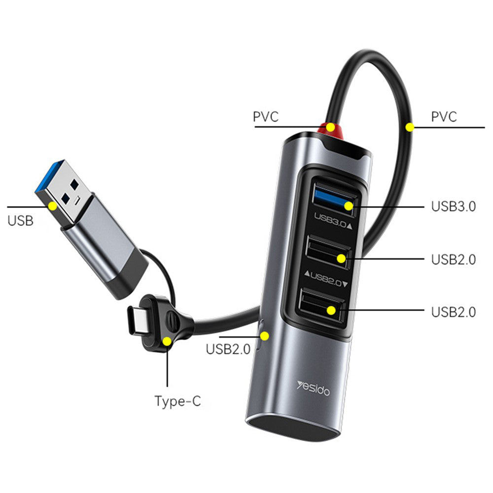 Hub USB / USB-C Yesido HB19, 4in1, Sivi