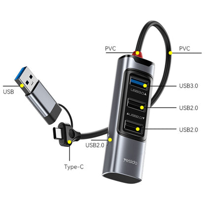 Hub USB / USB-C Yesido HB19, 4in1, Sivi