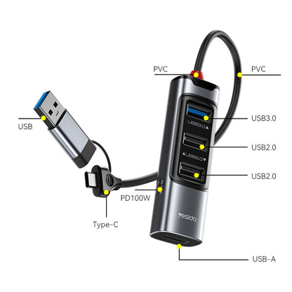 Hub USB / USB-C Yesido HB20, 5in1, Sivi