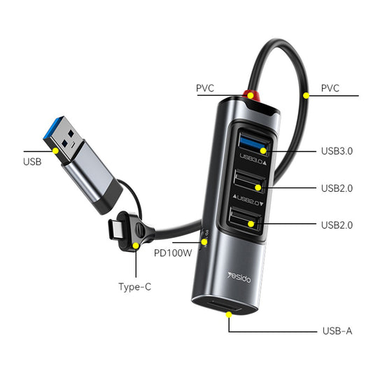 Hub USB / USB-C Yesido HB20, 5in1, Sivi