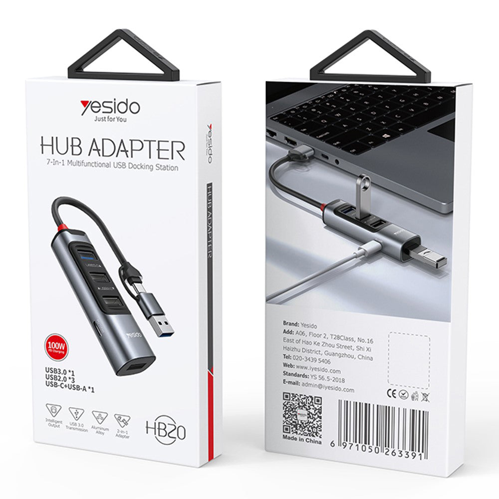 Hub USB / USB-C Yesido HB20, 5in1, Sivi