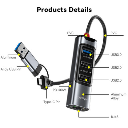 Hub USB / USB-C Yesido HB21, 5in1, Sivi
